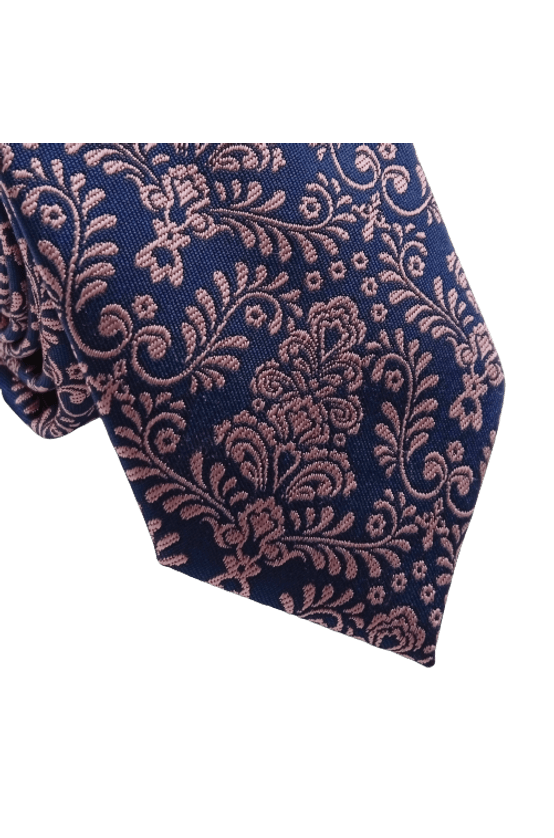 GravataSlimPoliesterAzulMarinhocomestampafloralPink