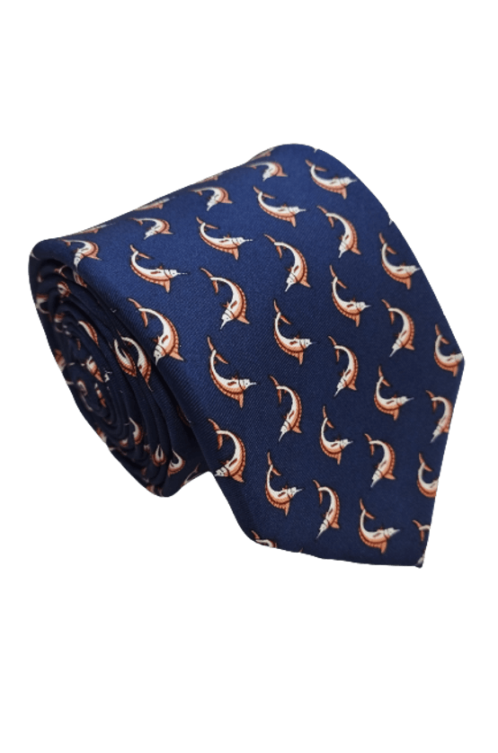 Gravata-Seda-Tradicional-Azul-Marinho-com-desenhos-de-Peixe