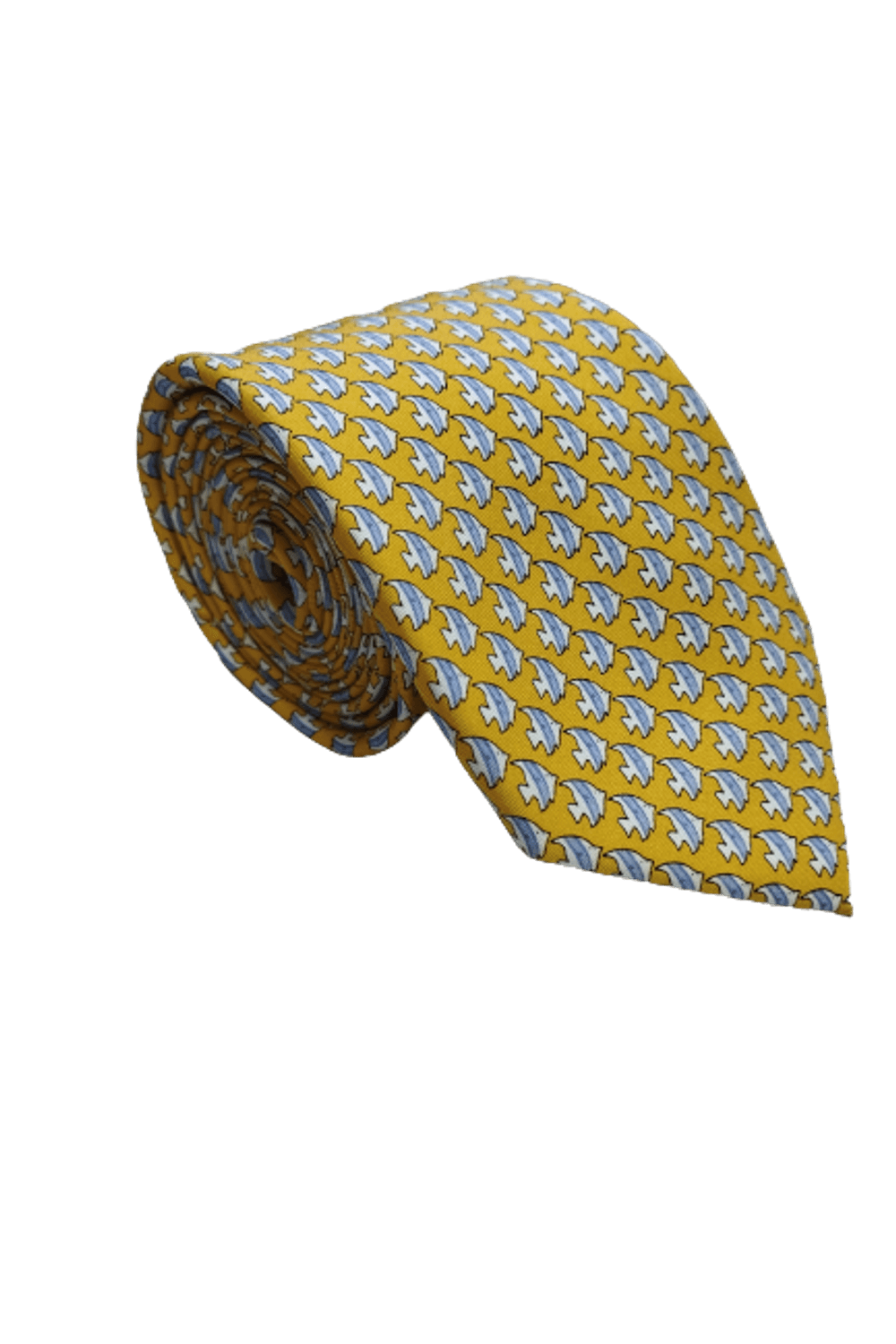 Gravata-Seda-Tradicional-Amarela-com-desenhos-de-Peixe-